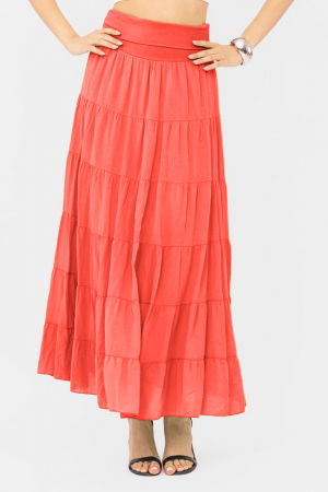 Fusta maxi, ampla, cu volane, din batist de bumbac, corai [1]