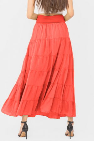 Fusta maxi, ampla, cu volane, din batist de bumbac, corai [2]