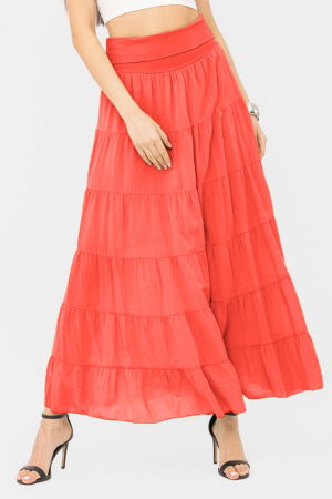 Îmbrăcăminte - Fusta maxi, ampla, cu volane, din batist de bumbac, corai