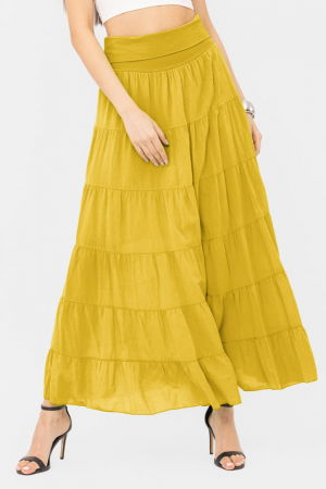 Îmbrăcăminte - Fusta maxi, ampla, cu volane, din batist de bumbac, galbena
