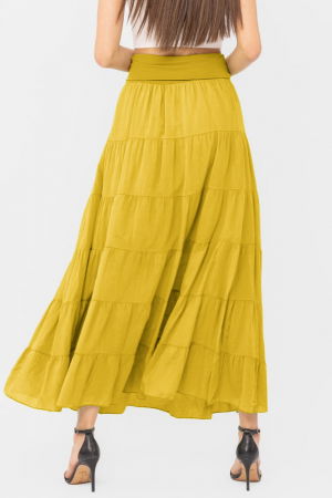 Fusta maxi, ampla, cu volane, din batist de bumbac, galbena [2]