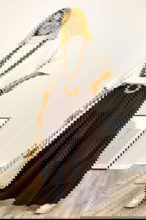 Fuste Casual - Fusta maxi cu volane din catifea reiata, maro