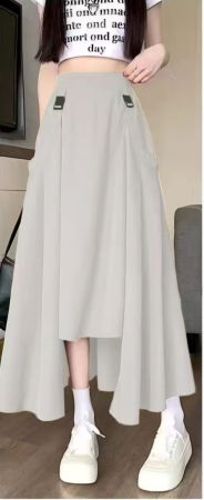 Fuste Casual - Fusta midi ampla cu lungime asimetrica, bej