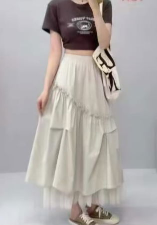 Fuste Casual - Fusta midi ampla cu volane, falduri si tulle,bej