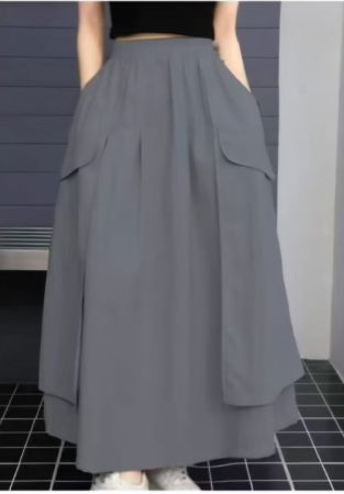 Fusta lunga ampla cu suprapuneri laterale, gri [1]