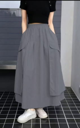 Fuste Casual - Fusta lunga ampla cu suprapuneri laterale, gri