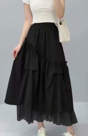 Fuste Casual - Fusta midi ampla cu volane, falduri si tulle, negra