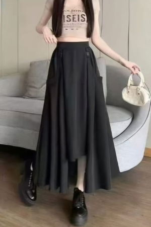 Fuste Casual - Fusta midi ampla cu lungime asimetrica, neagra