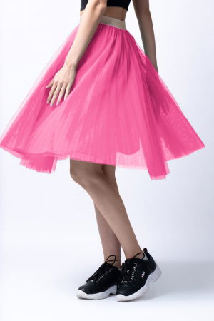 Fuste Casual - Fusta midi din tulle plisat, roz