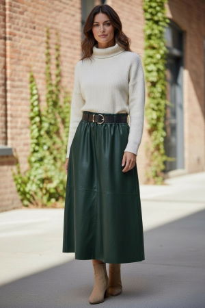 Fusta midi evazata, cu volan, din piele ecologica, cu talie elastica, verde inchis [1]
