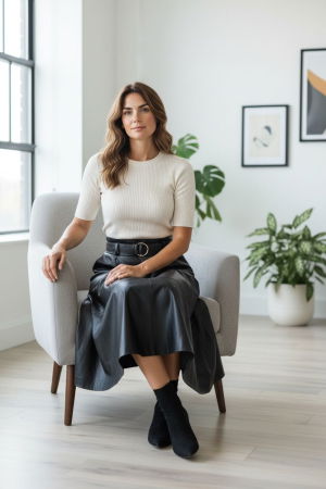 Fusta midi evazata, cu volan, din piele ecologica, cu talie elastica, neagra [2]