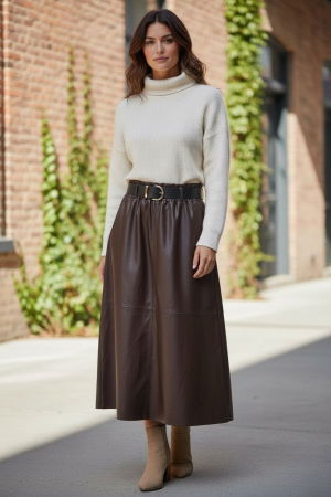 Fusta midi evazata, cu volan, din piele ecologica, cu talie elastica, maro [1]