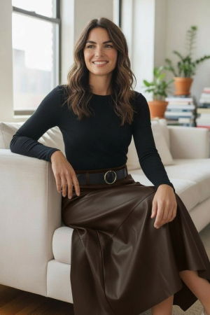 MĂSURI MARI DAMĂ - Fusta midi evazata, cu volan, din piele ecologica, cu talie elastica, maro