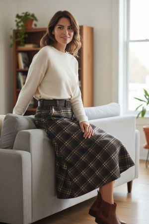 Fuste Casual - Fusta midi evazata in carouri, cu talie inalta si buzunare laterale, im6
