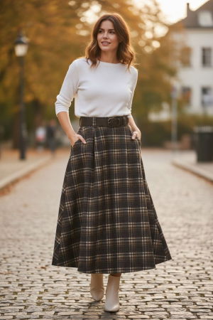 Fusta midi evazata in carouri, cu talie inalta si buzunare laterale, im6 [1]