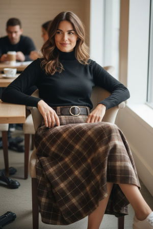 MĂSURI MARI DAMĂ - Fusta midi evazata in carouri, cu talie inalta si buzunare laterale, im2