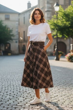 Fuste Casual - Fusta midi evazata in carouri, cu talie inalta si buzunare laterale, im4