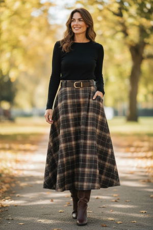 MĂSURI MARI DAMĂ - Fusta midi evazata in carouri, cu talie inalta si buzunare laterale, im5