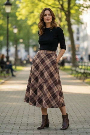 Fuste Casual - Fusta midi evazata in carouri, cu talie inalta si buzunare laterale, im5