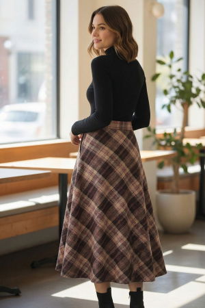 Fusta midi evazata in carouri, cu talie inalta si buzunare laterale, im5 [1]