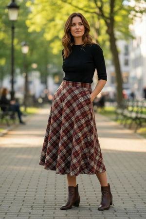 Fuste - Fusta midi evazata in carouri, cu talie inalta si buzunare laterale, im7