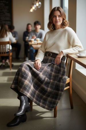 Fusta midi evazata in carouri, cu talie inalta si buzunare laterale, im8 [1]