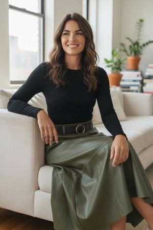 Fusta midi evazata, cu volan, din piele ecologica, cu talie elastica, kaki [1]