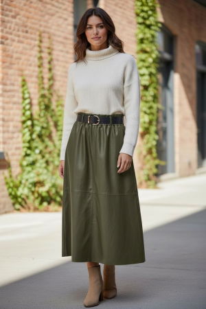 MĂSURI MARI DAMĂ - Fusta midi evazata, cu volan, din piele ecologica, cu talie elastica, kaki