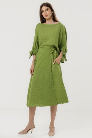 Fusta midi in stil petrecut din in, verde olive [4]