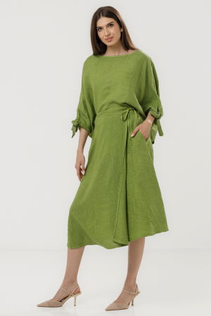 Fusta midi in stil petrecut din in, verde olive [5]