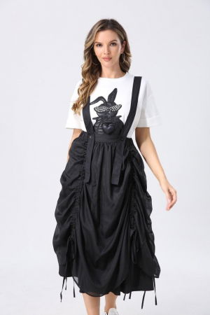 Fuste Casual - Fusta neagra drapata din bumbac cu suprapunere satinata, cu bretele