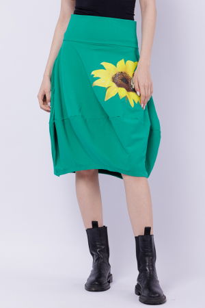 Fuste din Bumbac - Fusta verde din jerseu, midi, tip lalea, cu imprimeu floarea soarelui si fluture