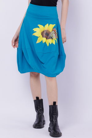 Fuste - Fusta albastra din jerseu, midi, tip lalea, cu imprimeu floarea soarelui si fluture
