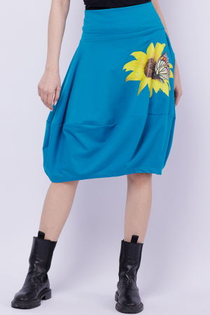 Fusta albastra din jerseu, midi, tip lalea, cu imprimeu floarea soarelui si fluture [1]