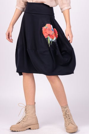 Fusta bleumarin din jerseu, midi, tip lalea, cu imprimeu maci rosii stilizati [1]