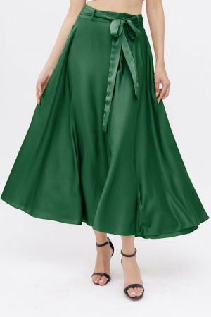 Fuste Casual - Fusta verde din satin, cu elastic si cordon in talie