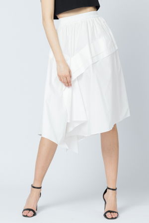 Fuste din Bumbac - Fusta alba, eleganta, din bumbac satinat cu volan aplicat