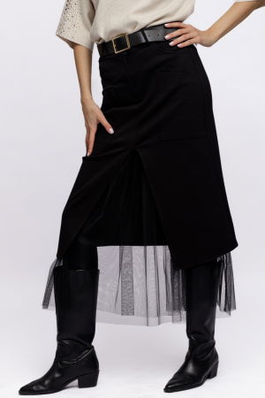 Fusta neagra suprapusa din punto milano si tulle, cu curea [1]