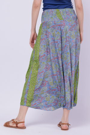 Fusta pantalon 3/4 ampla din matase indiana cu imprimeu verde pe fond bleu [1]