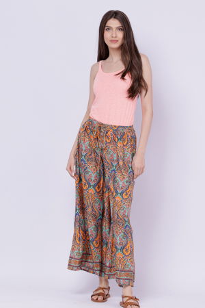 Fusta pantalon ampla din matase indiana cu portocaliu. bleumarin si verde [2]