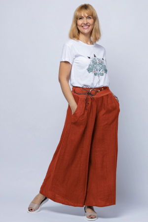 Pantaloni din In - Fusta pantalon caramizie, casual, din in, cu o curea fancy