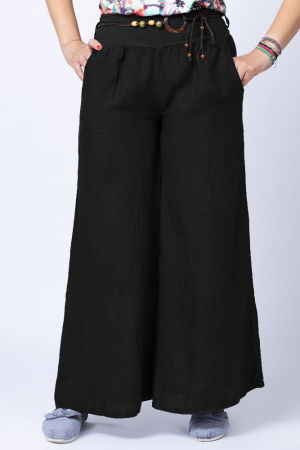 Pantaloni din In - Fusta pantalon neagra casual, din in, cu o curea fancy