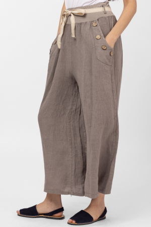 Pantaloni largi de vara, din in, cu nasturi din lemn la buzunare, bej inchis [1]