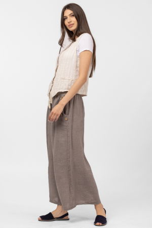 Pantaloni largi de vara, din in, cu nasturi din lemn la buzunare, bej inchis [5]