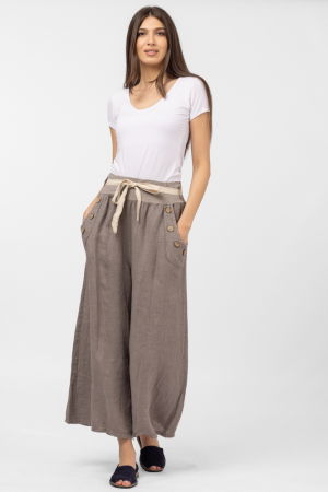 Pantaloni largi de vara, din in, cu nasturi din lemn la buzunare, bej inchis [6]