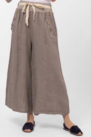 Pantaloni din In - Pantaloni largi de vara, din in, cu nasturi din lemn la buzunare, bej inchis