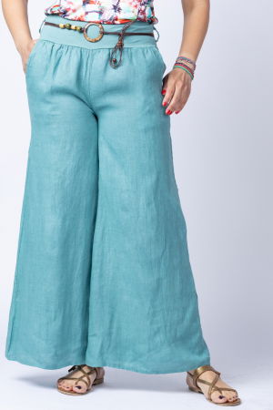 Îmbrăcăminte - Fusta pantalon turcoaz aqua casual, din in, cu o curea fancy
