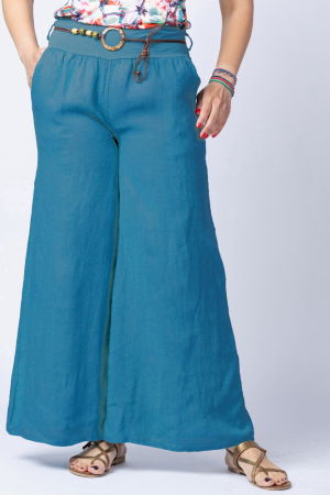 Fusta pantalon turcoaz inchis casual, din in, cu o curea fancy [3]