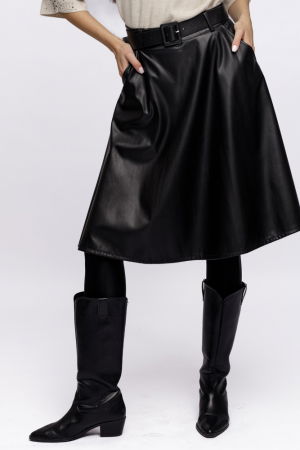 Fuste Casual - Fusta midi neagra, A-line, din piele ecologica