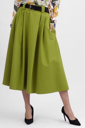 Fuste Casual - Fusta verde cu pliuri in talie din punto milano, cu curea